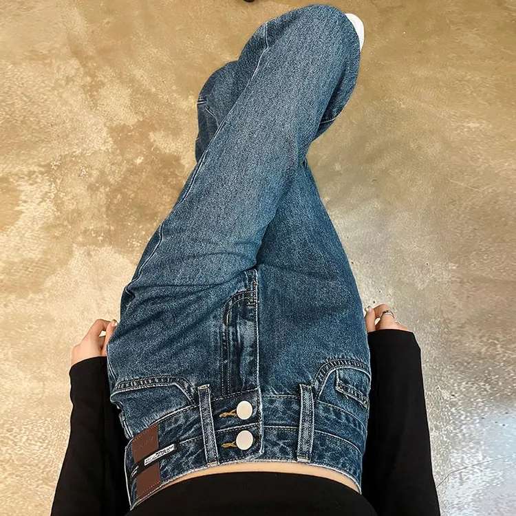 杜拉妮窄版阔腿牛仔裤女装休闲双扣高腰秋季垂感小个子九分直筒裤