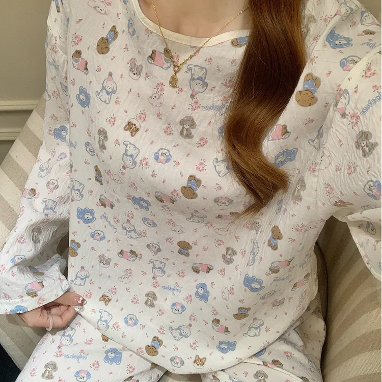 云朵棉睡衣女春秋季长袖大码凉感2025新款卡通花朵小狗套装家居服