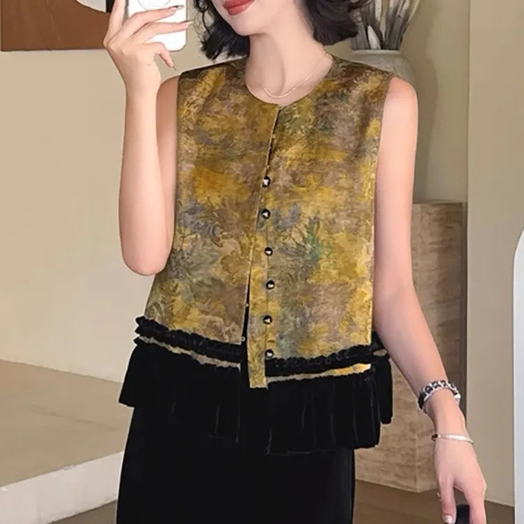 【茶芙巷】早秋新款丝绒拼接新中式马夹女宽松型法式休闲马夹【ZS】