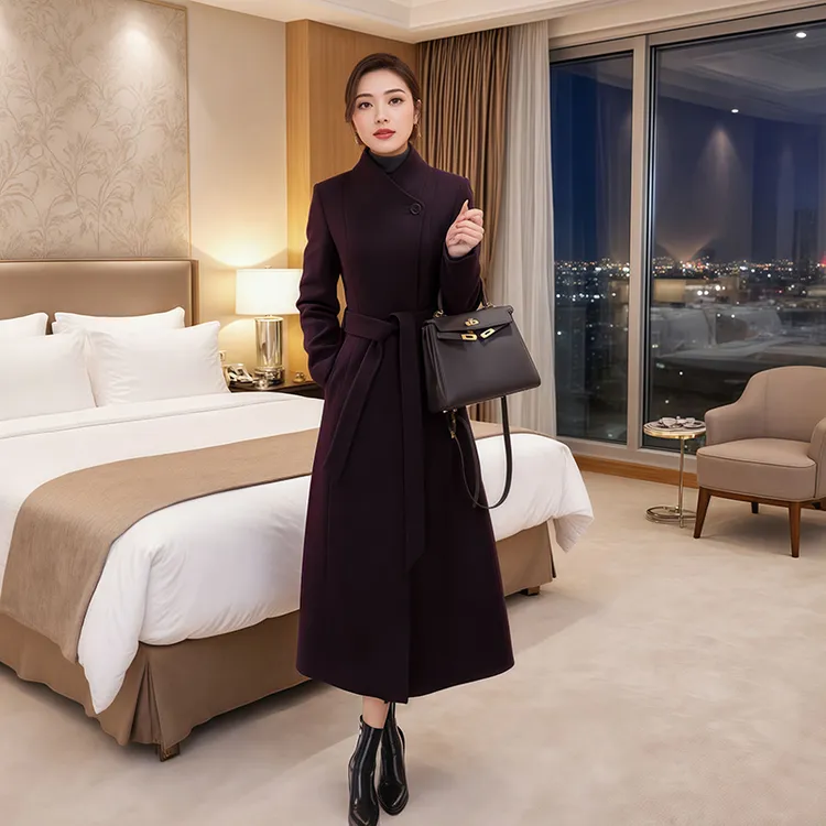 秋冬中长款女正肩袖毛呢外套收腰气质呢羊毛大衣时尚显瘦修身女装