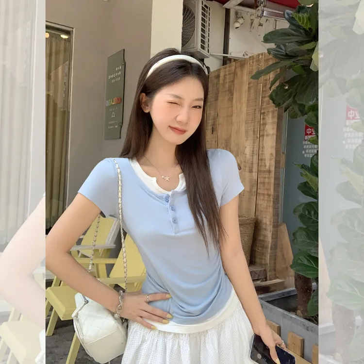蓝色假两件半开领正肩短袖t恤女夏季新款修身显瘦小个子上衣