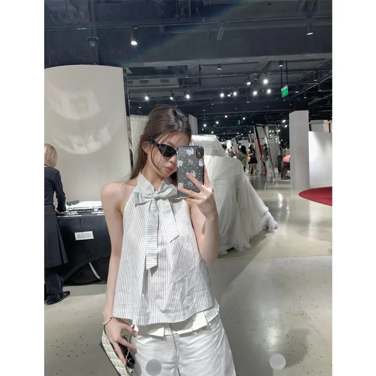 韩系套装女2025夏季网红洋气百搭条纹系带无袖上衣高腰显瘦休闲裤