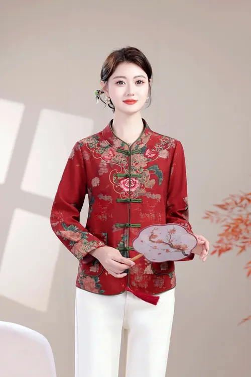 秋冬季复古立领加绒短款外套中老年女民族风绣花唐装外穿盘扣开衫