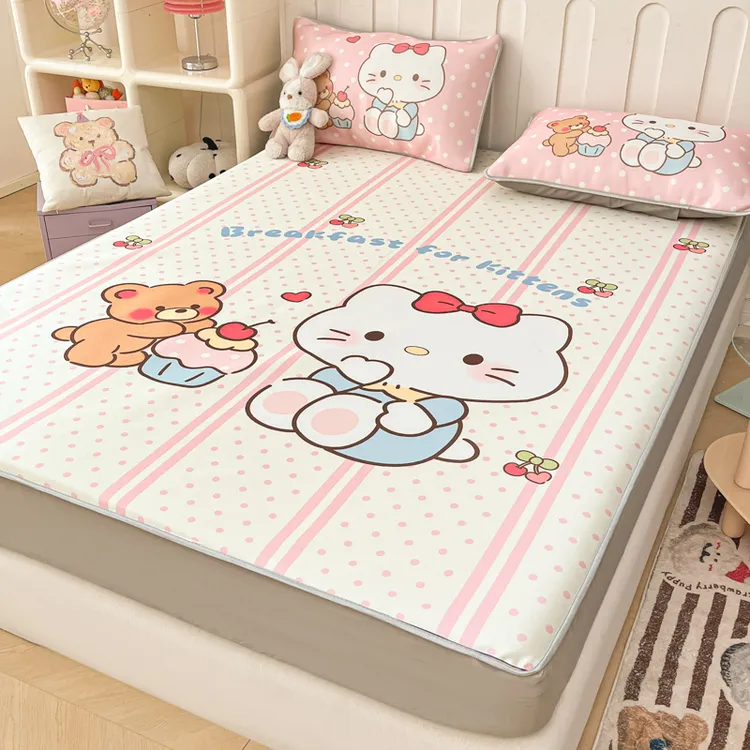 夏季冰丝席床笠款凉席三件套家用卡通印花空调席儿童学生软席子