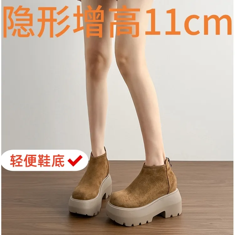 厚底复古马丁靴女2025早秋新款内增高小个子真皮勃肯短靴百搭