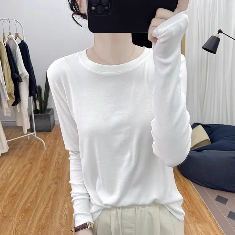 早秋超柔圆领宽松长袖T恤女基础款内搭上衣2025新款薄款体恤衫潮