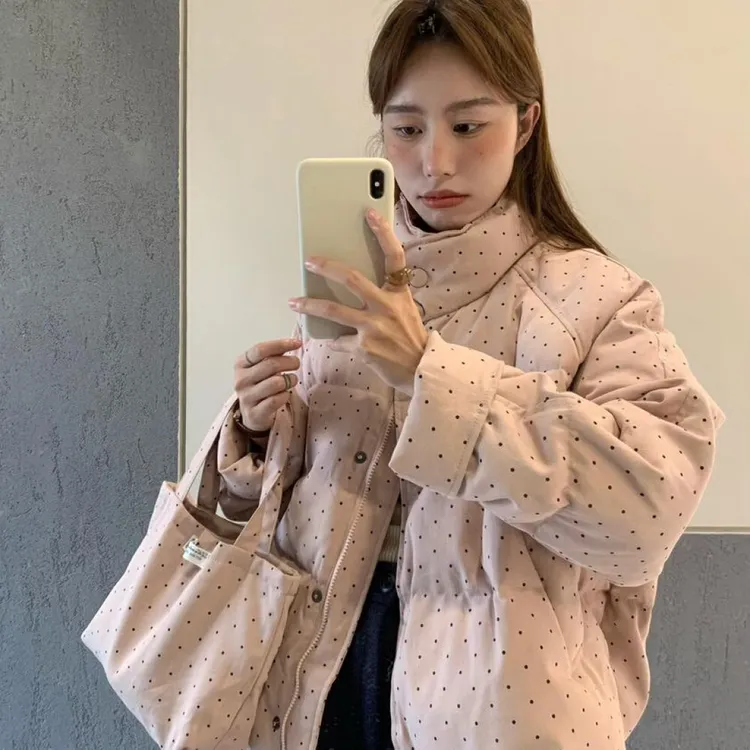 粉色波点甜美风棉服女短款宽松2025冬季新款韩系设计感小个子棉衣