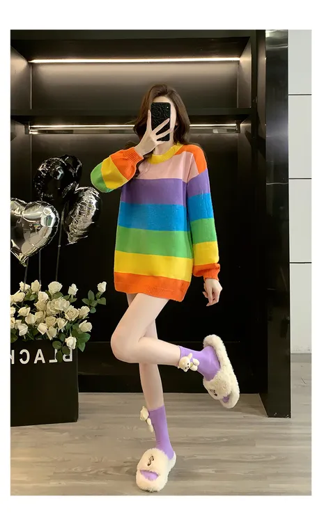出游服装女2025新款彩虹毛衣宽松慵懒风春秋装韩版港味针织衫上衣