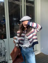 美式复古撞色条纹针织开衫秋季新款港风百搭圆领外套ins女上衣