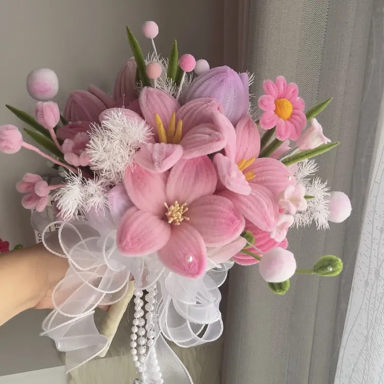 扭扭棒手捧花材料包 粉色韩系手捧花 毕业 婚礼 领证手捧花