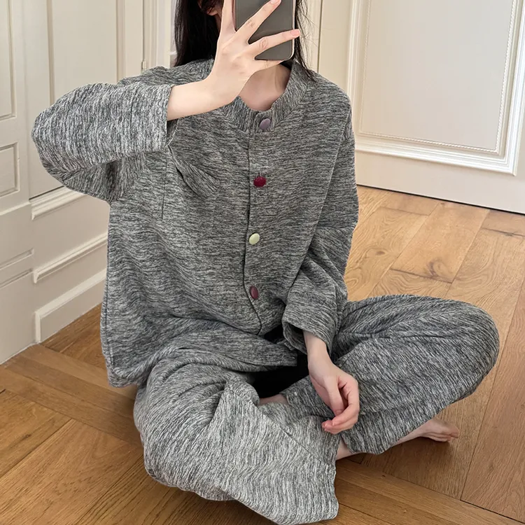 新款睡衣春秋季女款保暖德绒套装女士长袖开衫坑条薄绒休闲家居服