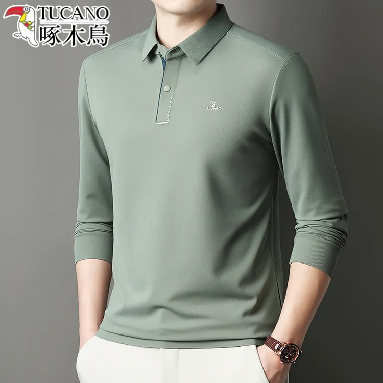 啄木鸟2025春秋季新款翻领商务休闲长袖t恤polo衫男中年爸爸上衣