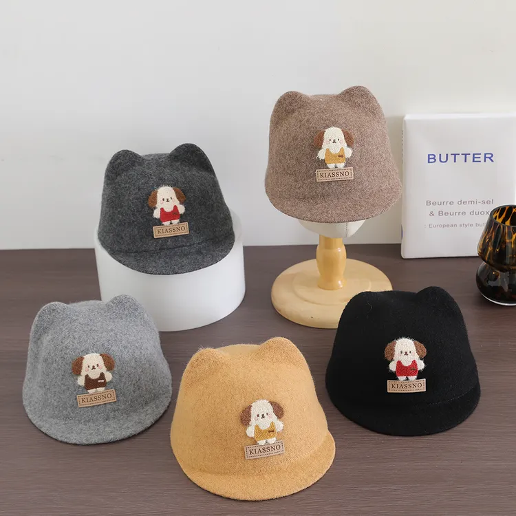 萌小狗洋气好看的宝宝帽子马术帽纯羊毛儿童帽子婴幼儿可爱鸭舌帽