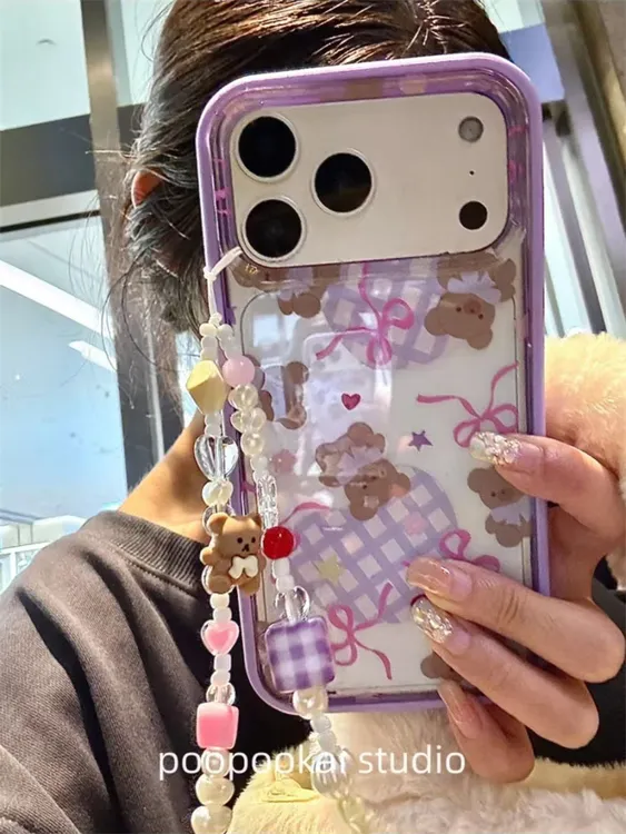 紫框透明爱心格纹小熊适用iPhone17 pro手机壳16promax个性15pro