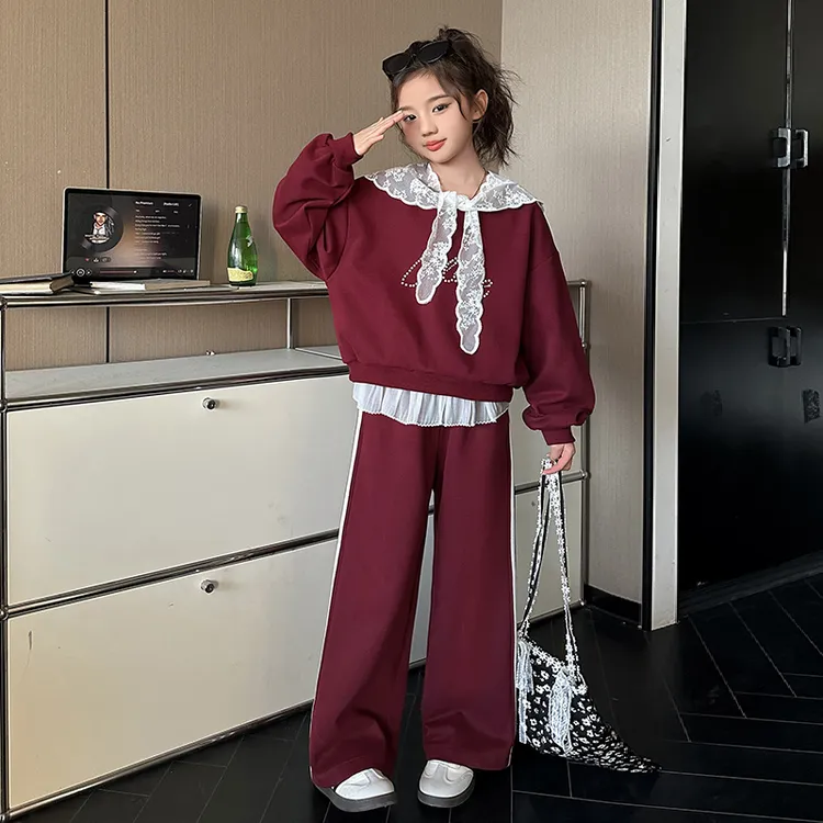 女童套装2025新款儿童蕾丝花边春秋款卫衣中大童装女孩运动两件套