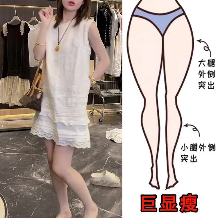 2025夏季薄款大码女装宽松蕾丝花边亚麻连衣裙梨形身材显瘦短裙