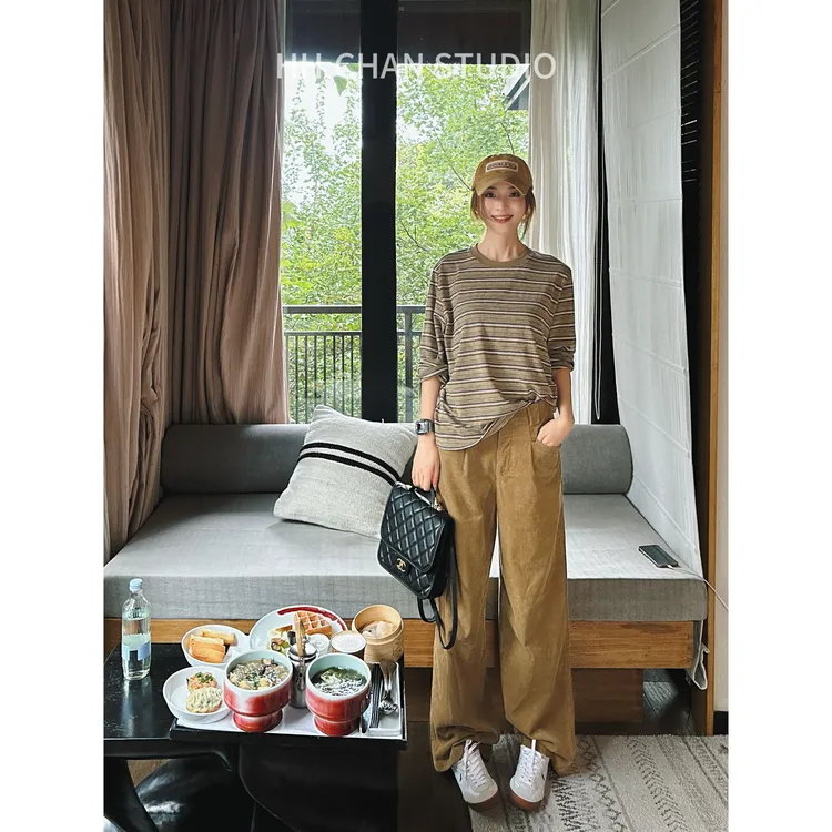 HH.CHAN“条绒率裤”100%棉定制灯芯绒直筒卡其色休闲裤HH52S36720