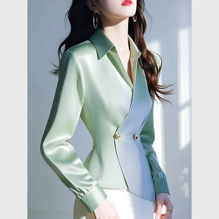 爆款高端绿色缎面长袖衬衫女春季法式时尚气质修身收腰职业衬衣