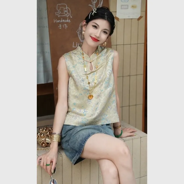 新中式国风时尚印花衬衫女夏2025巨好看的小衫复古气质无袖上衣