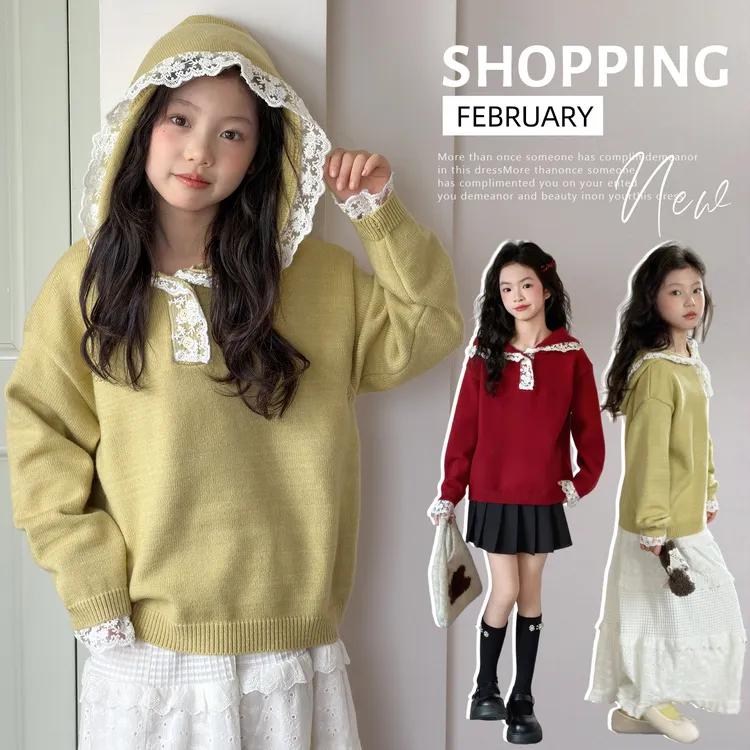女童韩版蕾丝连帽毛衣秋冬2026新款洋气儿童宽松针织衫女孩毛线衣