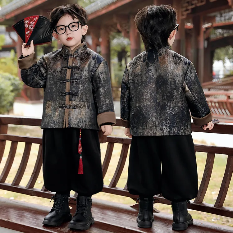 男童加厚汉服中国风秋冬季男童唐装套装儿童中式古装表演服拜年服