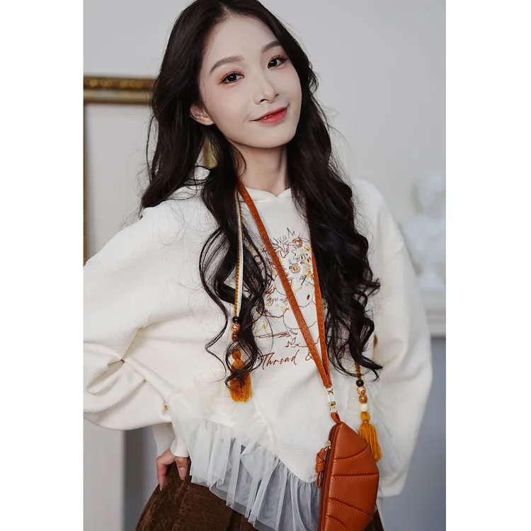  两三事STH【浮羽花境 】2025新款梵高文艺绣花网纱拼接连帽卫衣