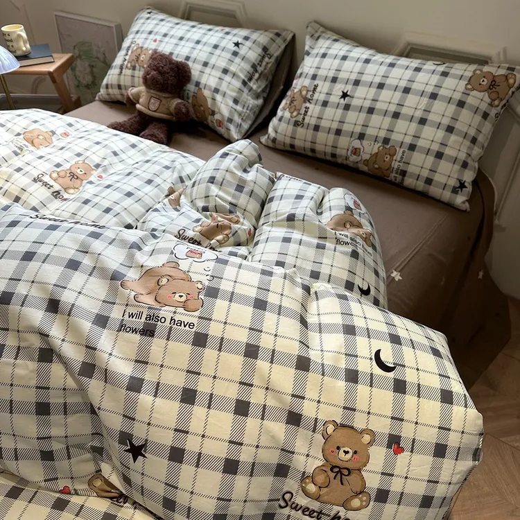 简约格子小棕熊床单四件套纯棉100%全棉床上用品被套四季通用床套