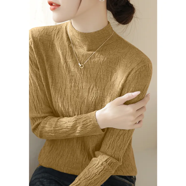 2025秋季新款大衣外套内搭打底上衣芥黄色半高领肌理感长袖针织衫