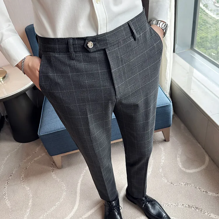 高端英伦格子西裤男士直筒修身商务时尚休闲裤秋季潮流西装裤长裤