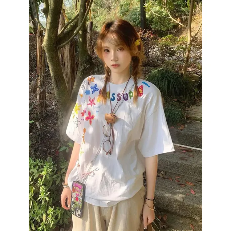 番茄妹妹Tomatosister 小众不撞款短袖上衣宽松慵懒风印花圆领t恤