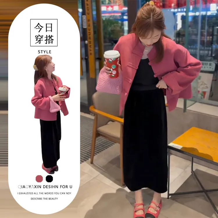 2025秋冬中国风盘扣开衫外套黑色半身裙女轻熟风显气质套装潮