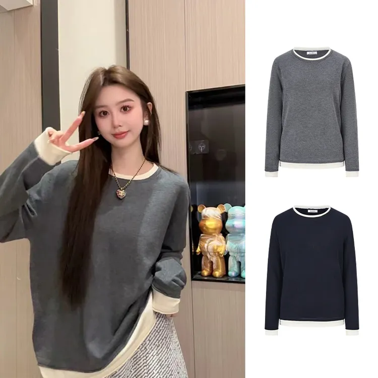 Moses Queen/魔西女王撞色假两件圆领针织衫女秋冬慵懒风内搭上衣