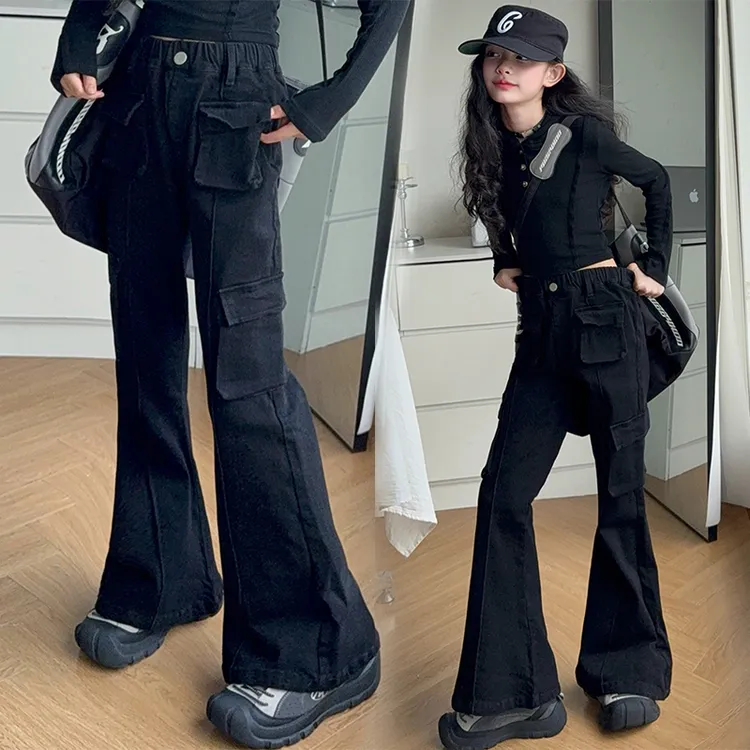 女童牛仔裤春秋新款洋气儿童裤子高腰显瘦喇叭裤中大童修身工装裤