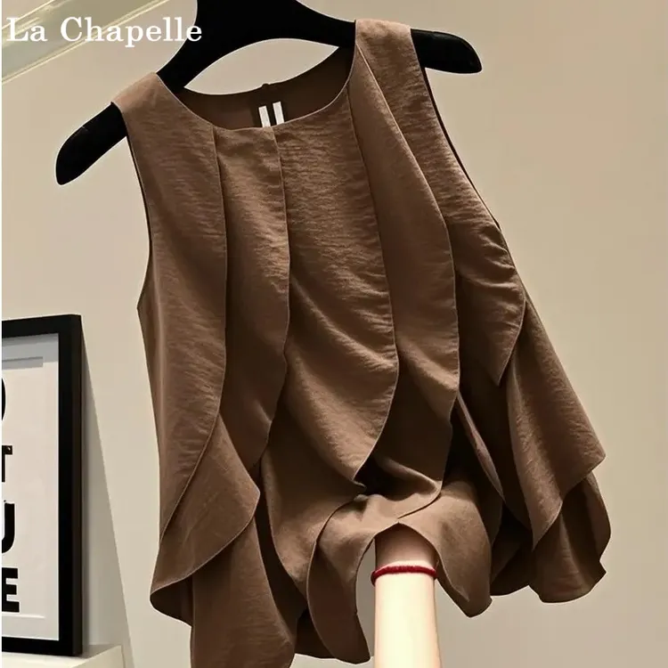 拉夏贝尔荷叶边拼接圆领套头衬衫夏季韩版宽松显瘦纯色休闲背心女