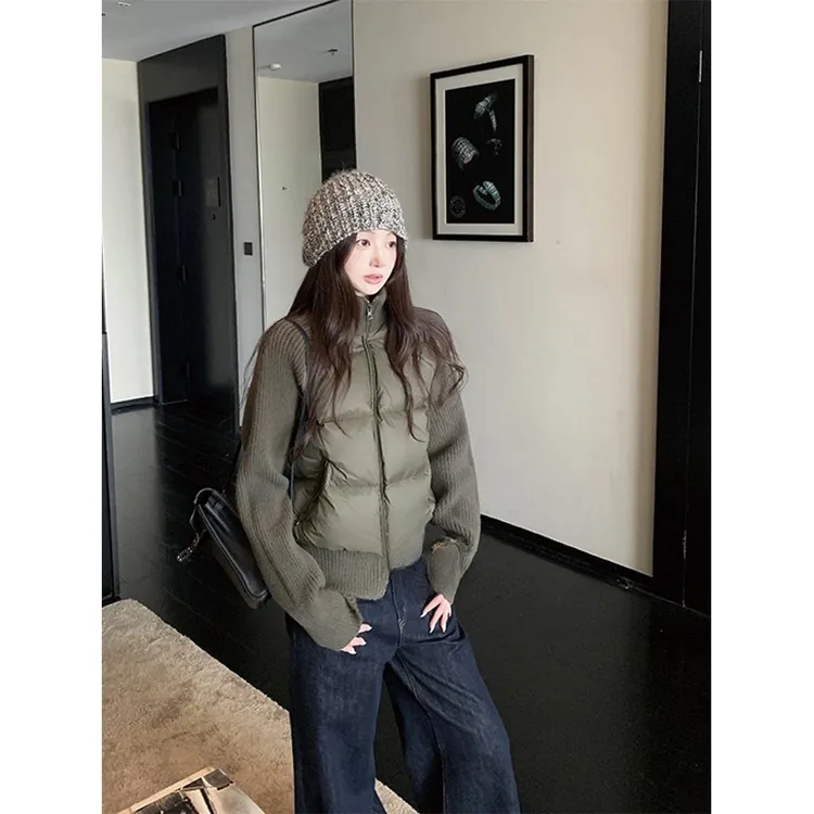 韩系复古高级感针织拼接棉服外套女2025冬季新款修身保暖棉衣棉袄