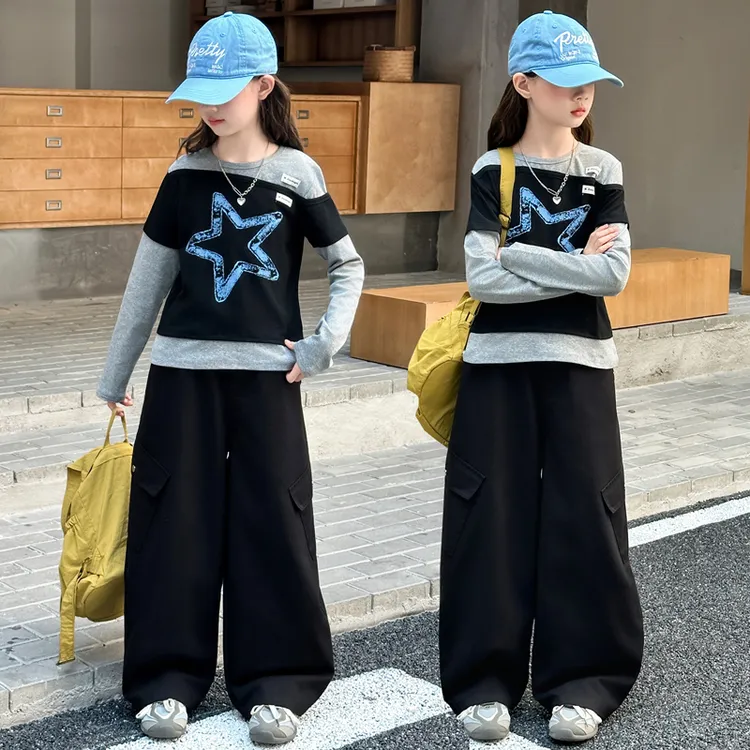 女童秋季套装2025新款韩版假两件上衣儿童中大童春秋工装裤两件套