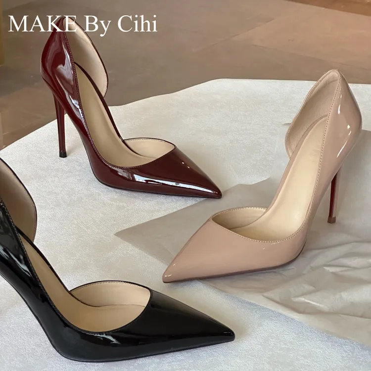 Cihi設計/羊皮’Charming red‘  设计师单品 红底侧空尖头浅口单鞋