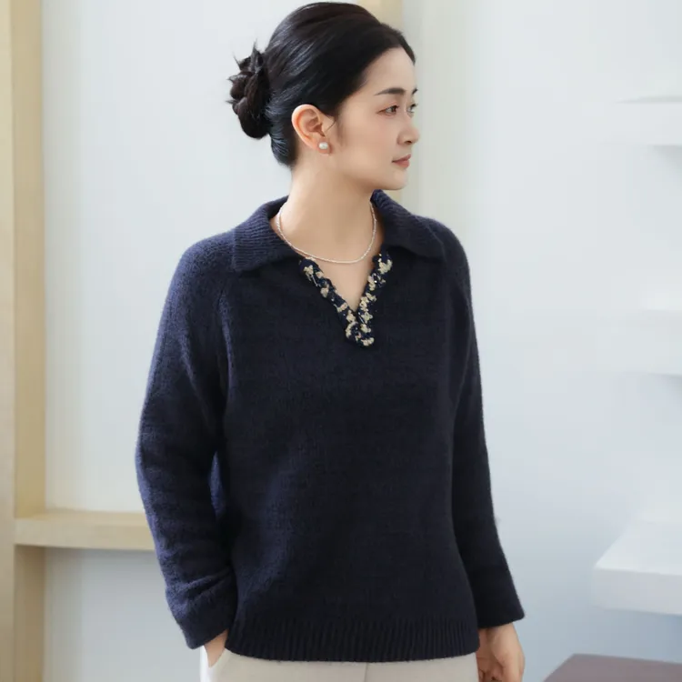 麻享【紫罗兰】真丝羊绒巨软气质V字翻领毛衣针织套头女款FSY51127