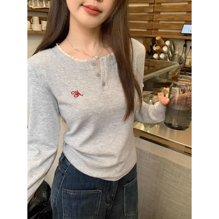 爆款洋气可外穿德绒甜美花边圆领长袖T恤女灰短款修身内搭上衣春