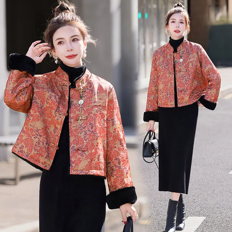 新中式国风羽绒服女装2025新款妈妈时尚印花短款加厚唐装冬季外套