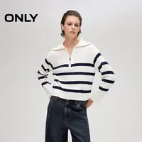 ONLY2025秋季新款半开襟翻领慵懒宽松落肩条纹针织衫女|125413013