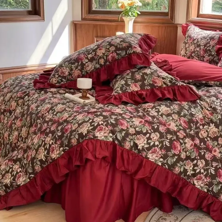 [新疆包邮]大红色印花绯色花园被套四件套