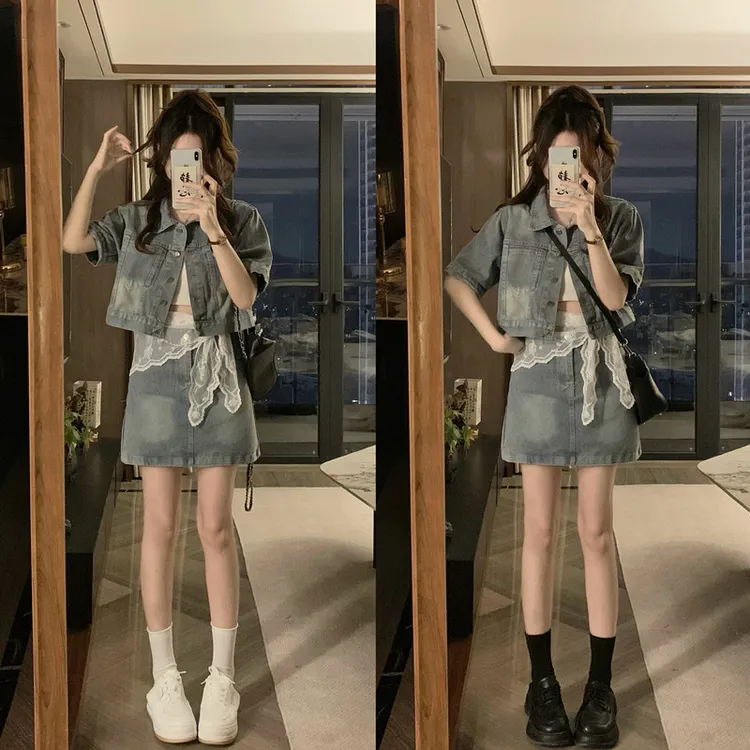 实拍大码牛仔套装夏季港风短袖翻领外套+高腰半身短裙两件套