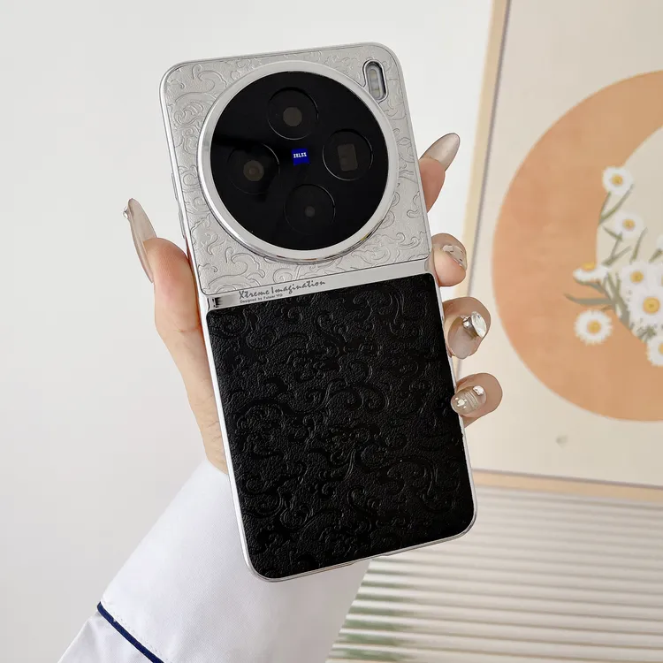 适用VIVOx300手机壳x300pro电镀素皮拼接龙纹超薄防摔保护套创意