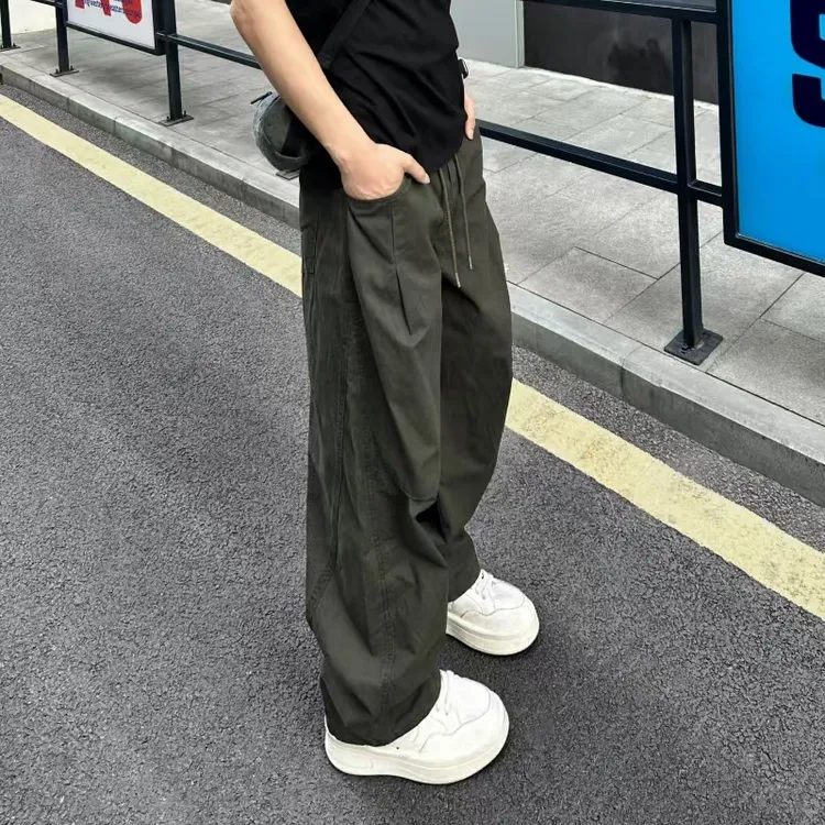 QUALCOMM潮流美式拼接褶皱伞兵工装裤男士秋季宽松直筒休闲长裤子