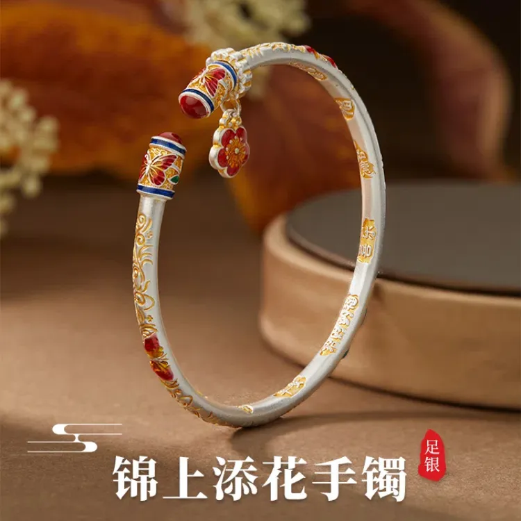足银手镯 锦上添花古法手工纯银手镯S9999银描金手环纯银开口