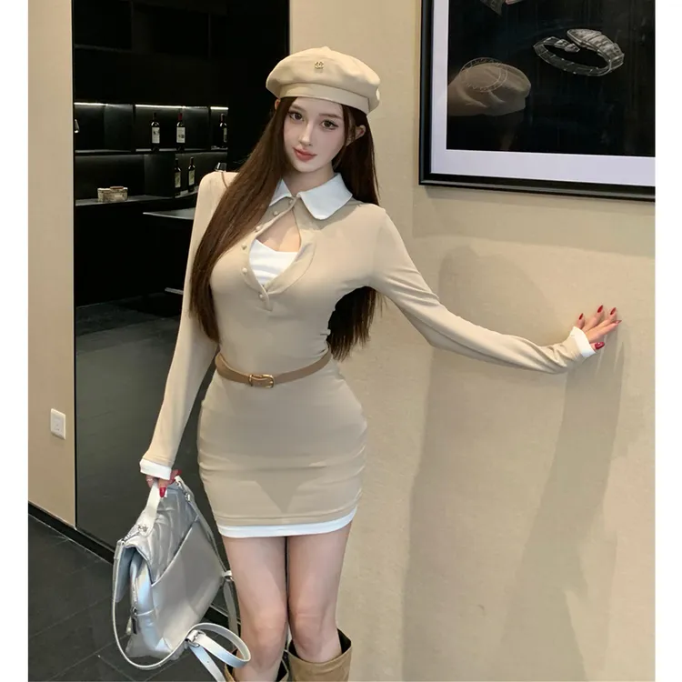 秋季拼接撞色假两件连衣裙女气质修身内搭打底裙设计感针织包臀裙