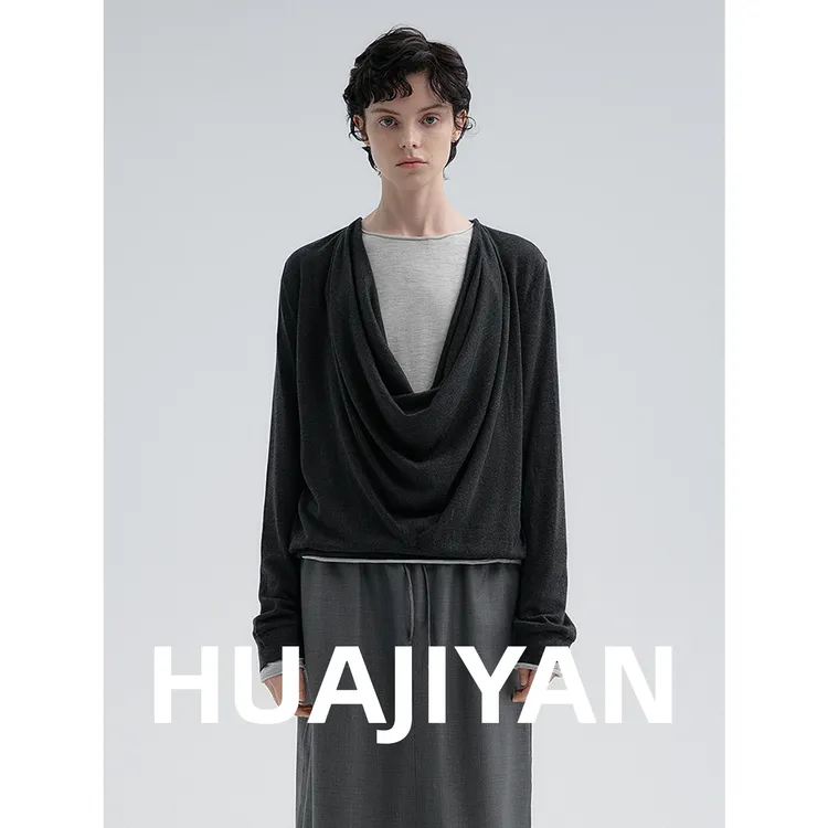 华吉言/HUAJIYAN【心事】定制面料自然荡领设计宽松长袖上衣