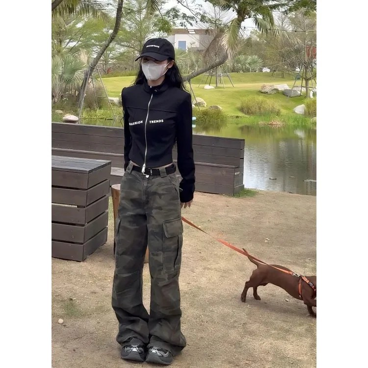 美式复古迷彩工装裤女2025秋季高街嘻哈宽松微喇垂感休闲拖地裤子