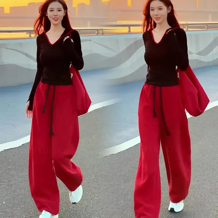 时尚套装女修身秋季新款连帽V领T恤卫衣休闲弯刀束脚阔腿裤两件套